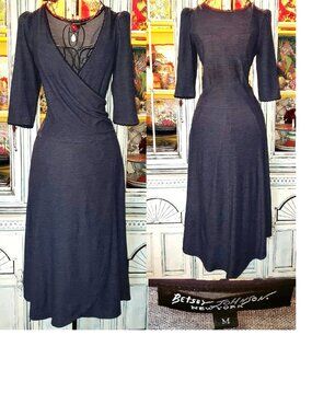 Vintage Betsey Johnson New York 90s Wrap Dress Sz M Blue Jean Faux Denim Slip On